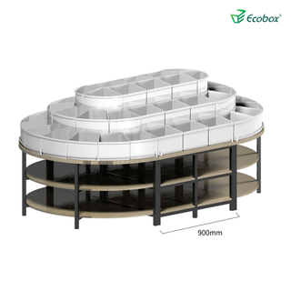 رف دائري من سلسلة Ecobox G005 مع صناديق Ecobox السائبة في السوبر ماركت يعرض المواد الغذائية السائبة