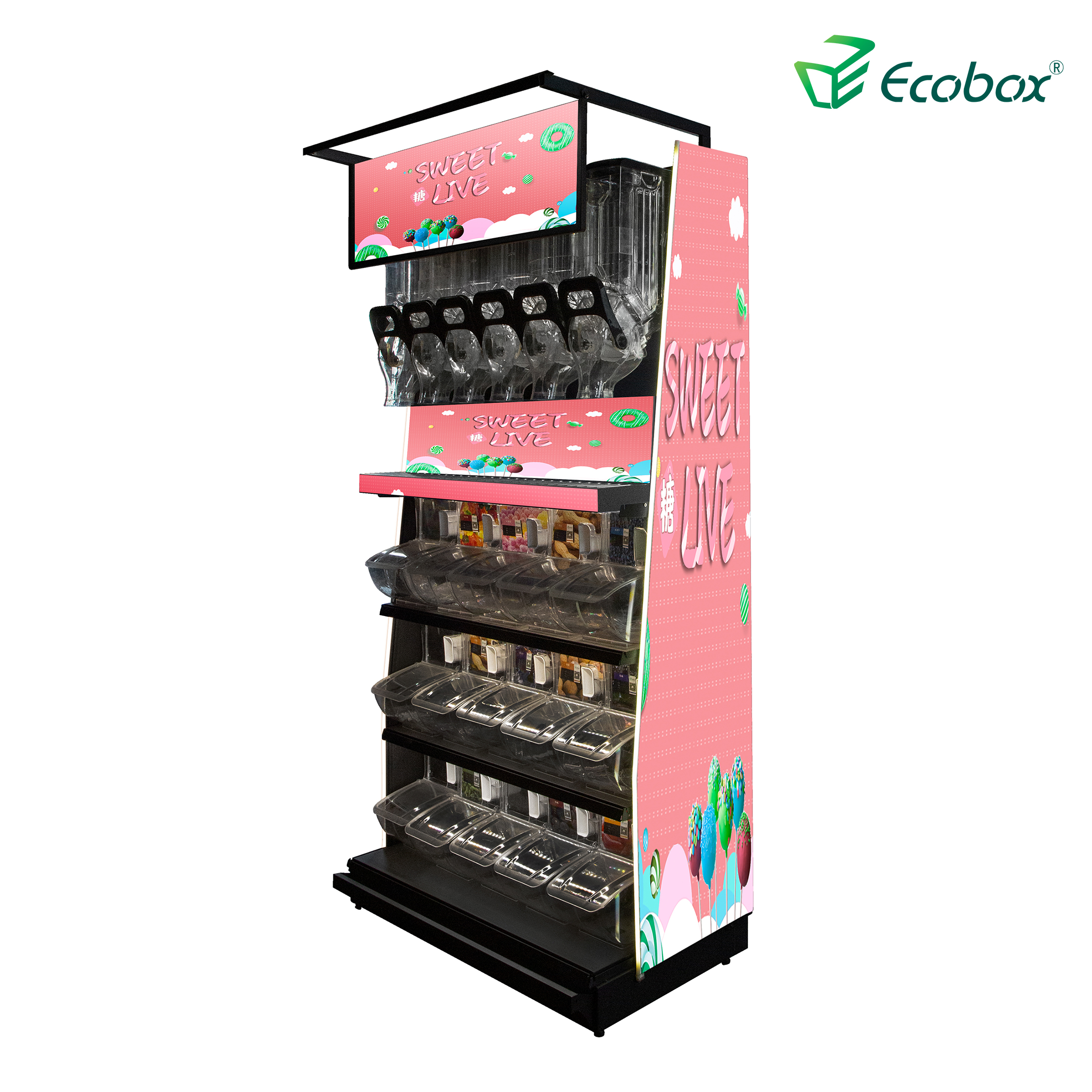 Ecobox TG-0615 Candy nuts عرض الرف اختيار n mix الحل للتسويق بالجملة مع صندوق الجاذبية وصناديق المغرفة